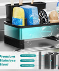 Close-up of Stainless Steel Sink Caddy With Sponge Holder And Brush Holder Plus Towel Rack And Soap Dispenser Kitchen Sink Organizer For Countertop Must Have Rustproof Easy To Clean Modern Black Finish showcasing sponge and brush compartments.