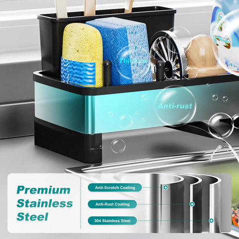 Close-up of Stainless Steel Sink Caddy With Sponge Holder And Brush Holder Plus Towel Rack And Soap Dispenser Kitchen Sink Organizer For Countertop Must Have Rustproof Easy To Clean Modern Black Finish showcasing sponge and brush compartments.