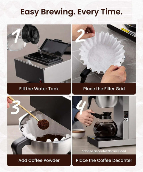 Steps to use 12 Cup Commercial Pour Over Coffee Maker With Industrial Stainless Steel Design, Dual Warmers; no glass carafe included.
