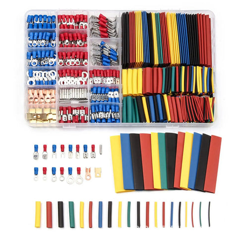 Heavy Duty 678 Piece Crimping Tool Kit With Assorted Cold Press Terminals And Heat Shrink Tubing For Electrical Wiring Projects, various terminals and tubing in a durable container.