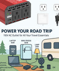 Real Deal 400 Watt DC To AC Car Power Inverter With Dual 110V Outlets and USB C PD 65W Fast Charge, showing usage with devices.