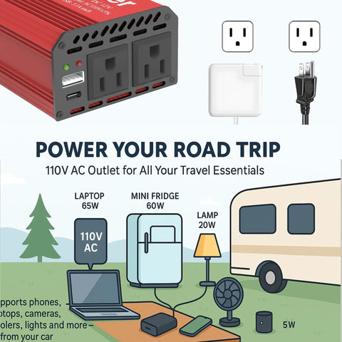Real Deal 400 Watt DC To AC Car Power Inverter With Dual 110V Outlets and USB C PD 65W Fast Charge, showing usage with devices.