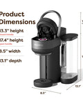 Crema Ready Single Serve Coffee Maker With Pressure Infusion For Rich Crema And Espresso Style Shots, Classic And Pressure Brew For Coffee Tea And Cocoa From Any K Cup Pod, side view with open handle and dimensions shown.