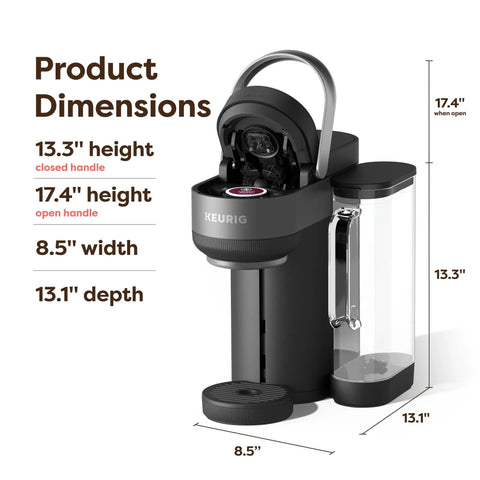 Crema Ready Single Serve Coffee Maker With Pressure Infusion For Rich Crema And Espresso Style Shots, Classic And Pressure Brew For Coffee Tea And Cocoa From Any K Cup Pod, side view with open handle and dimensions shown.