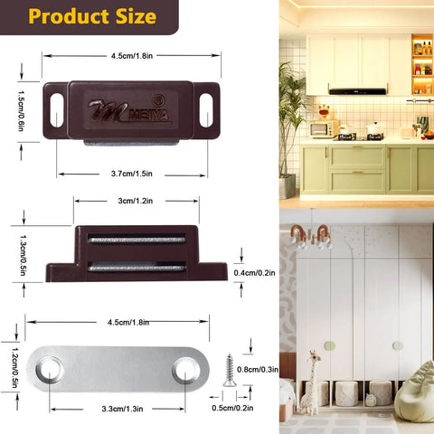 4 Pack Cabinet Magnetic Catch Set For Doors And Drawers Brown with product size dimensions, ideal for kitchens and closets