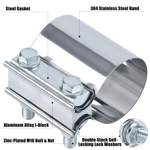 3.5 Inch Exhaust Clamp For Butt Joint Pipes - Stainless Steel Band Clamp Sleeve Connector with double stack washers and bolts