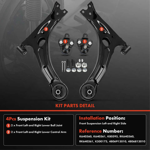 A-Premium 4Pcs front suspension kit: two lower ball joints and two lower control arms in black metal with mounting hardware