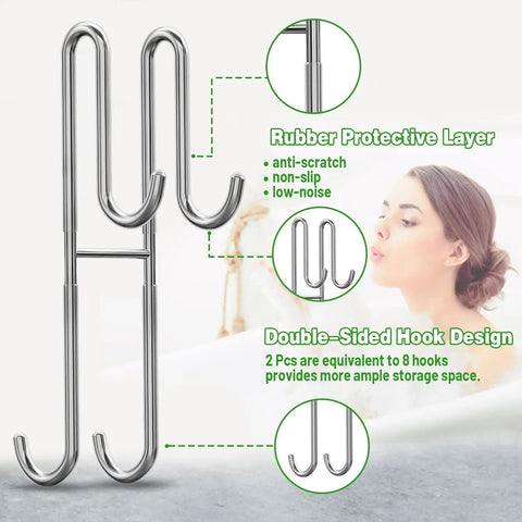Extended Double Shower Door Hooks 2 Pack No Drill No Mess Heavy Duty Stainless Steel Towel Hangers For Frameless Glass Bathrooms Drilling Free No Adhesive Perforation 7 Inch Long Easy Install And Extra Towel Storage