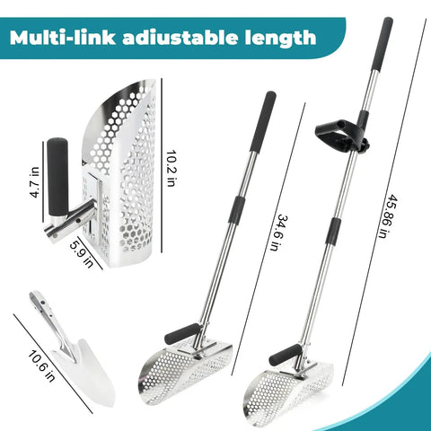 Sand Scoop For Metal Detecting And Treasure Hunting Stainless Steel Shovel With Adjustable Length Underwater Beach Dig Gear layout