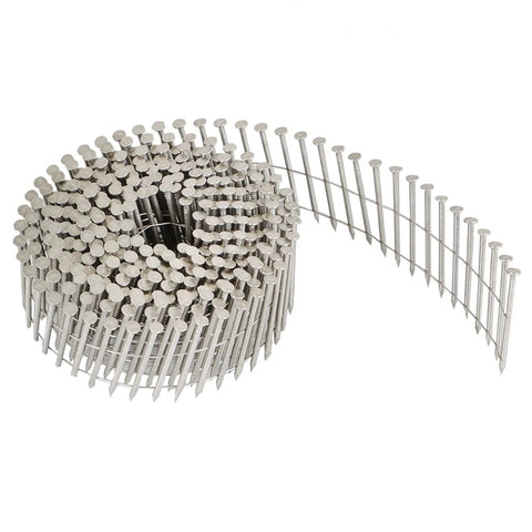 Heavy Duty 3600 Count Stainless Coil Siding Nails Two And A Half Inch Ring Shank 15 Degree Small Cap Coil Nails in spiral form.