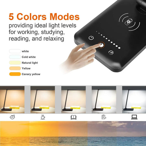 Close-up of Wireless Charging Desk Lamp With USB Port Dimmable Office Light Featuring Five Modes And Ten Brightness Levels Easy Touch Control