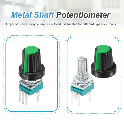 10 Pack RK097N B5K Potentiometer 3 Pin Linear Rotary Sealed Potentiometer 5K Ohm with 15mm Knurled Shaft and Green AG2 Knob