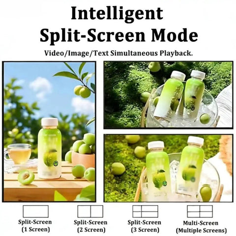 Next Level Digital Signage Media Player Lcd Monitor Crushing It With Hdmi Usb And Wifi Plug And Play For Retail Display showing split-screen modes.