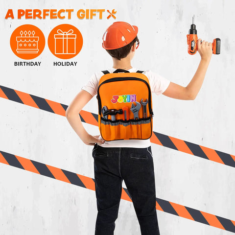 Child wearing orange backpack with 32 Piece Kids Tool Set With Construction Backpack, Realistic Toy Drill And Replaceable Bits, Helmet