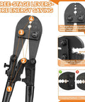 Close-up of a heavy duty wire rope crimping tool kit with 14-inch swaging tool, showing three-stage levers and crimp positions.
