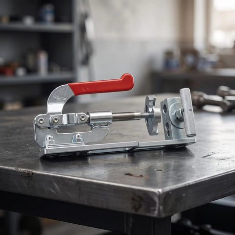 Heavy Duty Vehicle Connector Pipe Press Clamping Tool With Adjustable Bench Vise Block And Lever Mechanism Metal Structure on workbench.
