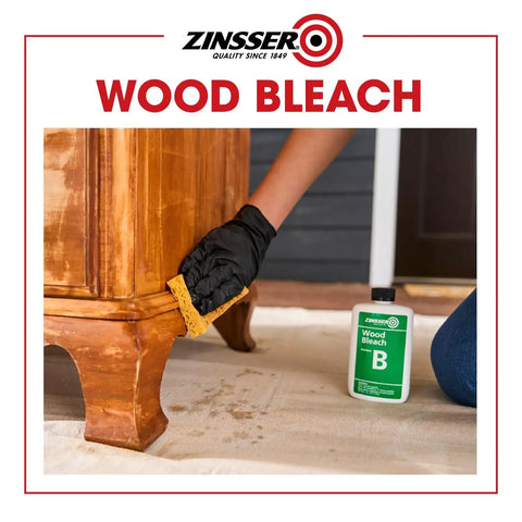 Game Changing Two Step Wood Bleach Kit For Interior Wood to brighten stripped surfaces, with a user applying bleach on furniture.