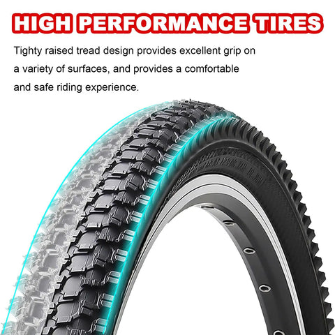 Close-up of 26 Inch Mountain Bike Tire Set 26x1.95 with raised tread and Schrader valve for rugged trail riding on 26 inch wheels.