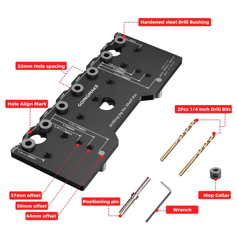 Pro Grade Aluminum Shelf Pin Jig One Quarter Inch Drill Guide for straight holes with drill bits and wrench set