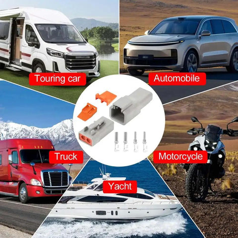 2 Pin IP67 Waterproof Automotive Electrical Connector Kit With 3 Sets, 30 Amp, shown with car, motorcycle, truck, and yacht.