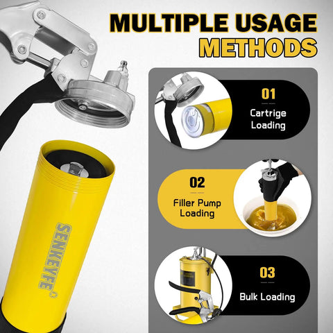 14oz Capacity Grease Gun Kit With 7000 PSI Leakproof Spray 18 Inch Spring Hose Double Handle Nozzle Coupler Teflon Tape And 15 Piece Auto Marine Industry Accessories Set showing multiple loading methods.