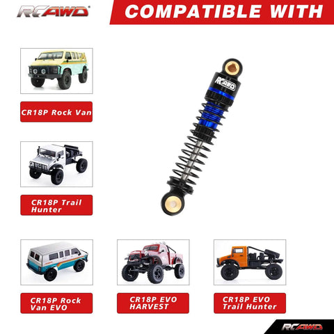 Image showing a 47mm oil type shock for CR18P Hobbyplus 1/18 Rock Van upgrade kit, blue alloy body, with compatible RC models.