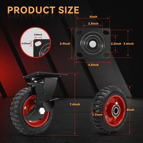 Rugged 6 Inch Heavy Duty Caster Wheels Set Of Four With Knockdown Brakes product size graphic with measurement details