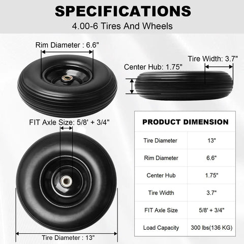 No Flat 13 Inch 4.00-6 Wheelbarrow Tire And Wheel 2 Pack Specifications Diagram