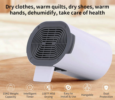 All In One Portable Dryer For Shoes And Threads With Hand Warmer Foldable Design Smart Timing 600W High Power Perfect For Home Travel Or Dorm Living Anywhere, compact design on wooden surface with features displayed