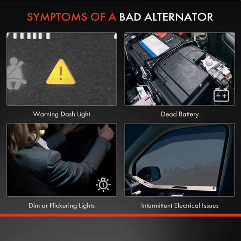 Symptoms of a bad alternator: warning dash light, dead battery, dim or flickering lights, intermittent electrical issues.