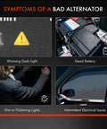 Symptoms of a bad alternator include warning dash light, dead battery, dim lights, and intermittent electrical issues.
