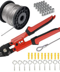 All In One Wire Rope Crimp Kit With 100Ft 2mm Vinyl Coated Cable, 100 Aluminum Ferrules And 10 Hooks, pliers visible