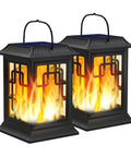Outdoor Solar Lanterns Waterproof Hanging Lights For Garden Yard Patio Black 2 Pack with glowing flame effect.
