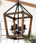Rustic Farmhouse 4 Light Pendant Chandelier With Imitation Oak Wood Grain, Vintage Iron Lantern Design