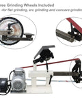 Heavy Duty Belt Sander With Variable Speed Control For Knives And Cutting Tools Includes Three Premium Grit Belts, showing grinding wheels and motor.