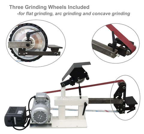 Heavy Duty Belt Sander With Variable Speed Control For Knives And Cutting Tools Includes Three Premium Grit Belts, showing grinding wheels and motor.