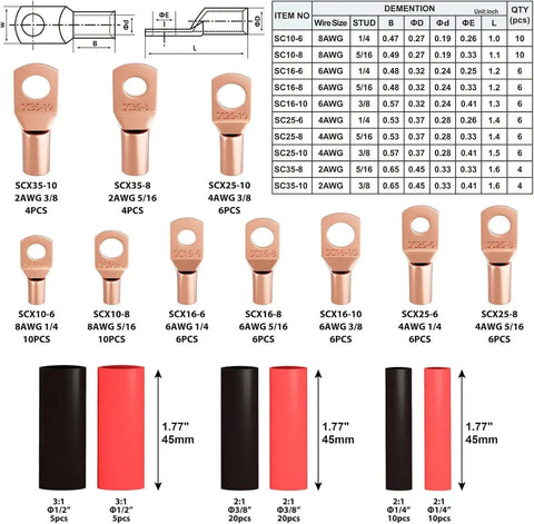 Pro Grade Battery Cable Lug Crimping Tool Kit For AWG Ten To One Zero Wires with copper lugs and heat shrink tubes shown.