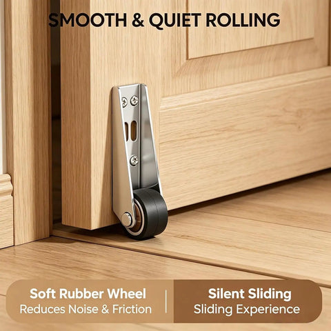 Close-up of Heavy Duty Vertical Track Roller Wheels for Sliding Barn Doors and Home Cabinets Anti Wobble Bottom Guide Casters.