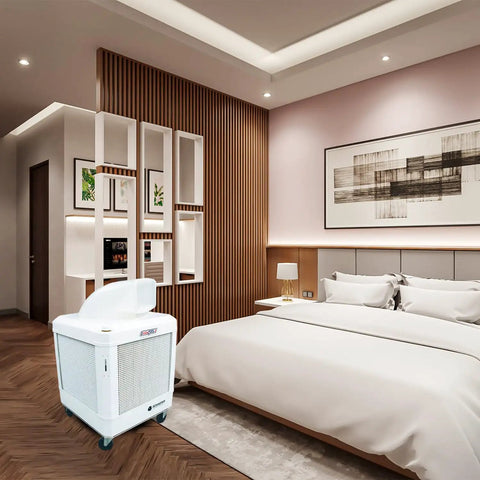 Beat The Dog Days Heat Without The Hassle Using This Portable Oscillating Evaporative Cooler set up in a stylish bedroom.