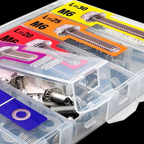 The Real Deal Metric Hex Flanged Bolt Assortment Kit 138 Piece M6 Nuts And Washers 304 Stainless Steel in clear organizer.
