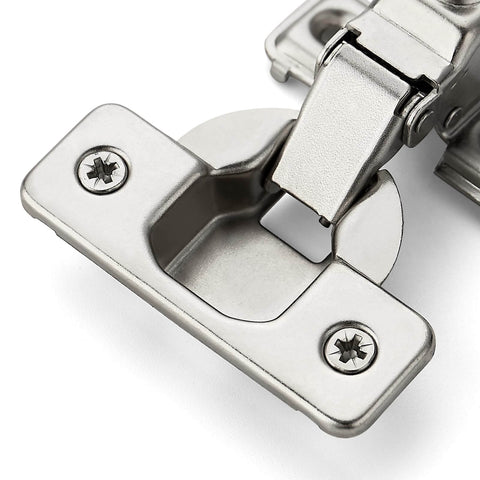 Close-up of brushed nickel short arm kitchen cabinet hinge from 20 Pack 10 Pairs Half Inch Overlay Brushed Nickel Short Arm Kitchen Cabinet Hinges With Soft Close 105 Degree Concealed Hinges Includes Screwdriver And Mounting Screws For Face Frame Doors Ravinte.