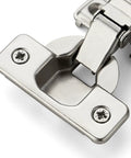 Brushed Nickel Short Arm Cabinet Hinges For Kitchen Cupboards With Half Inch Overlay Heavy Duty Build Hassle Free Install And Slick Finish Up Your Cabinetry Game Real Quick With These Tough Yet Sleek Mounting Pieces close-up view with visible screws.
