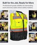 Straight Fire High Visibility Surveyor Safety Vest With Ten Bulk Storage Pockets And Reflective Tape shown in various practical uses.