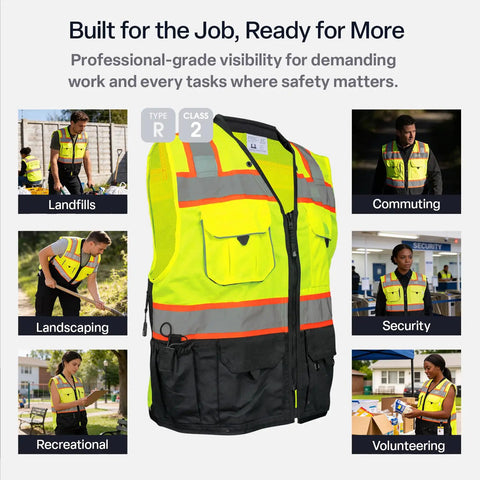 Straight Fire High Visibility Surveyor Safety Vest With Ten Bulk Storage Pockets And Reflective Tape shown in various practical uses.