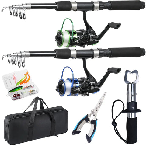 bag for telescopic fishing rod Two Piece Telescopic Fishing Rod And Reel Combo With Pliers And Lip Gripper Preloaded Spinning Reel Includes Carrier Bag Blue And Green Great For