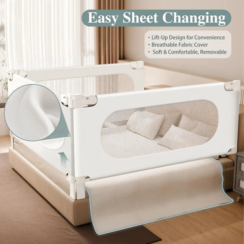 3 Piece Bed Rail Set For Toddlers That Fits King Size Beds With Seamless Fit and Double Lock Safety, breathable mesh cover