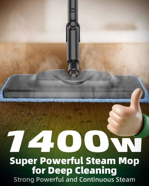 12In1 Steam Mop With Detachable Handheld Cleaner Straight Up Game Changer Chemical Free Deep Floor Steamer 1400W in action on hardwood floor.