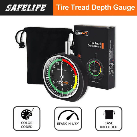 Tire Tread Depth Gauge Dial Type For Motorcycle, Car, Truck And Bus, Easy Reading Tire Gauge In 32nds With Traffic Light Color Zones And 32nd Inch Increments For Quick Pro Grade, Accurate Readings, with case and box