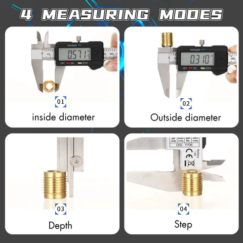 Digital Caliper With Stainless Steel Body, Easy Inch To Metric Switch, LCD Display showing inside diameter, outside diameter, depth, and step measurements