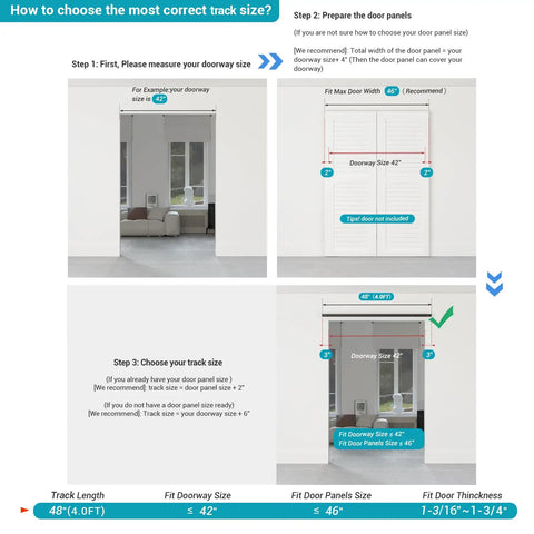 Instructions for selecting correct track size for Bi Folding Sliding Barn Door Hardware Track Kit 48 Inch With Side Mounted Black Rollers